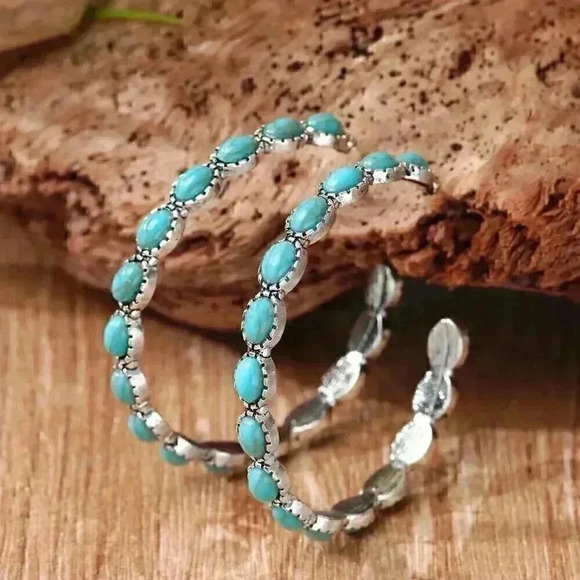 Multicolor Vacation Women's Turquoise Decor Open Hoop Earrings - Picture 1 of 2